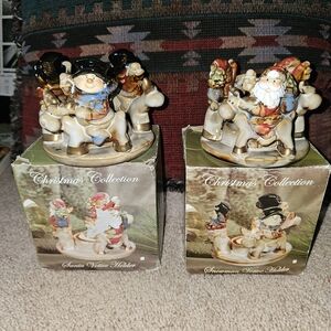 A Pair Of Ceramic Glazed Santa and Snowman Candle Tea holders. Vintage.